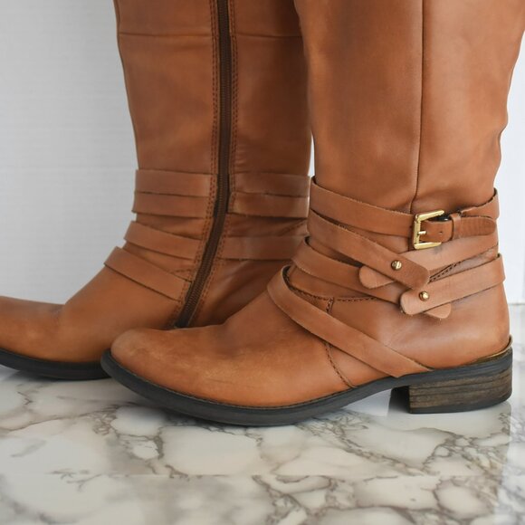 Steve Madden Albany Cognac Leather Belted Riding Boots Size 8 - Picture 3 of 9